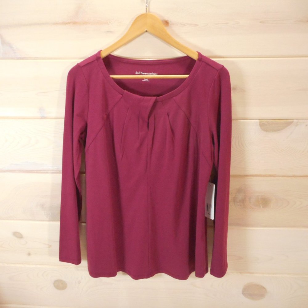 Soft Surroundings Womens Sz S Milani Pleated Neckline Top Long Sleeve Shirt